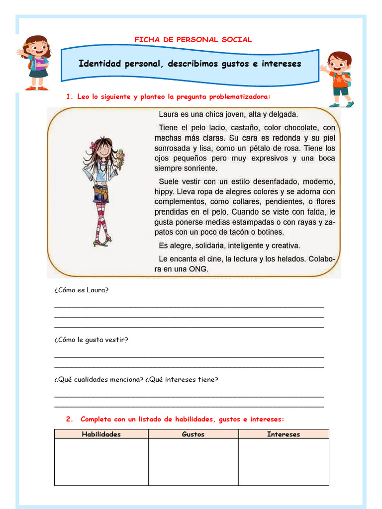Ficha Ps Martes Identidad Personal Habilidades Intereses y Gustos | PDF