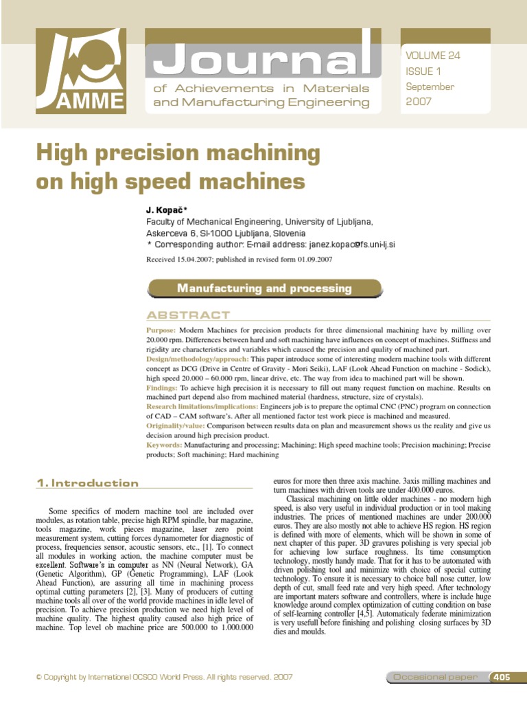 Precision Machining Journal Machining Numerical Control