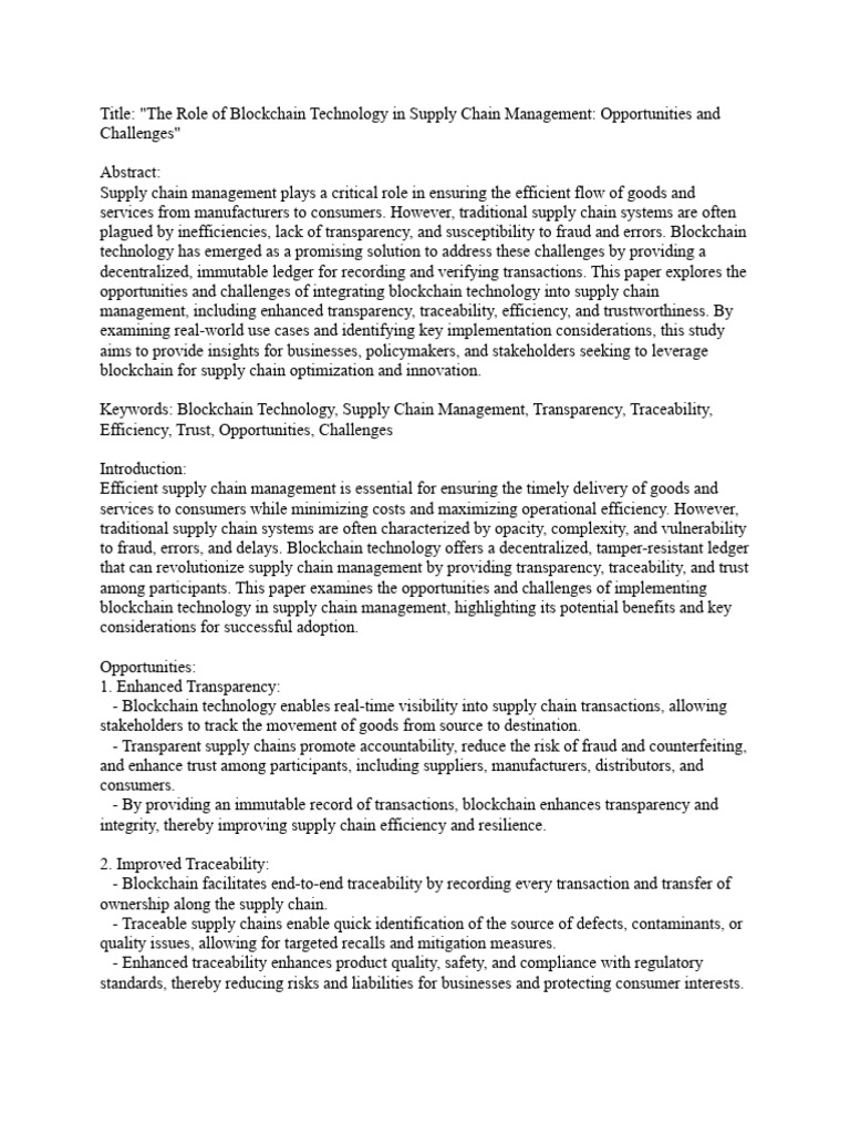 The Role of Blockchain Technology in Supply Chain Management ...