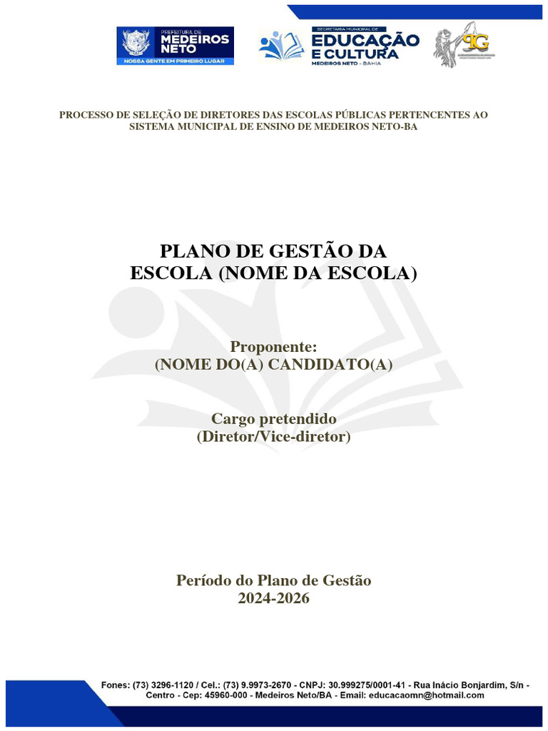 Modelo de Plano de Gestão Escolar 2024-2026 | PDF | Pré-escola | Escolas