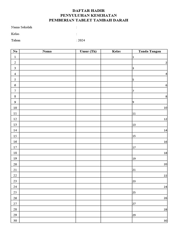 Daftar Hadir Penyuluhan Kesehatan 2024 | PDF