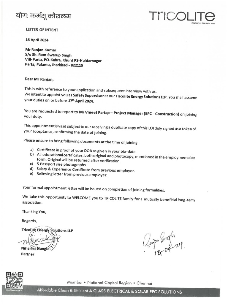 Letter of Intent - Ranjan Kumar (Signed) | PDF