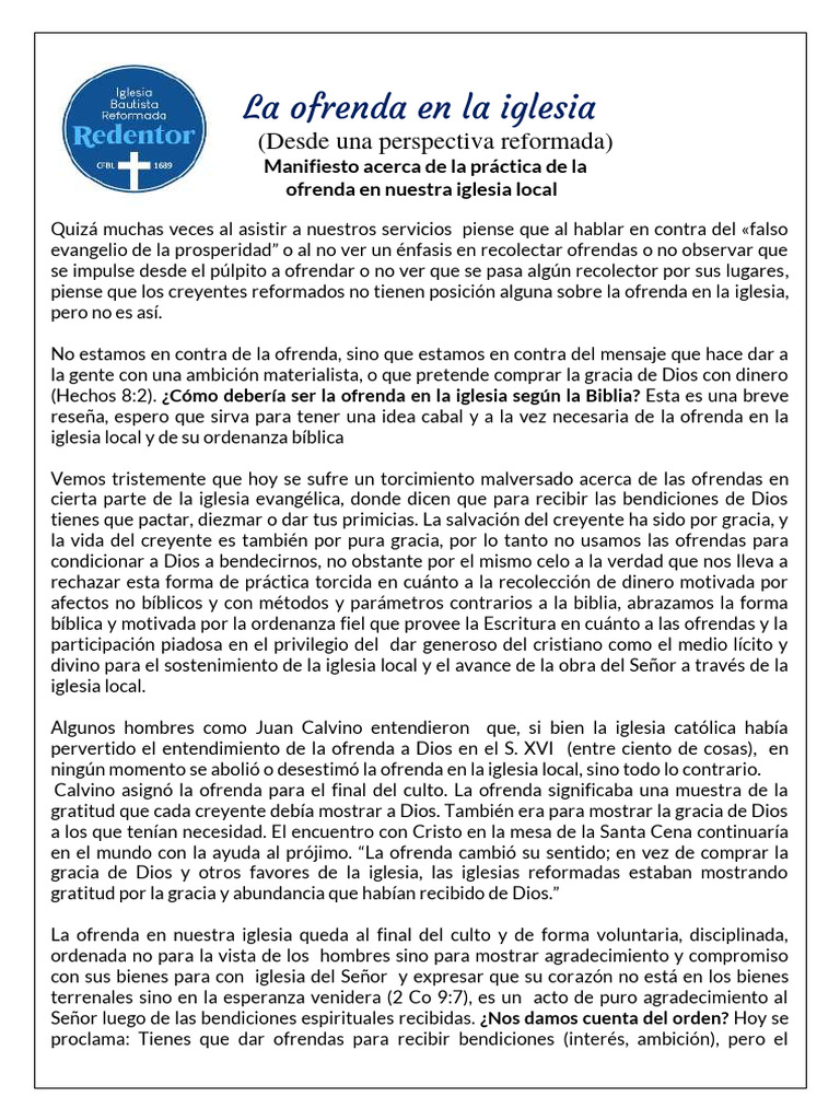 Ofrenda en la Iglesia Reformada: Principios y Prácticas | PDF | Iglesia ...