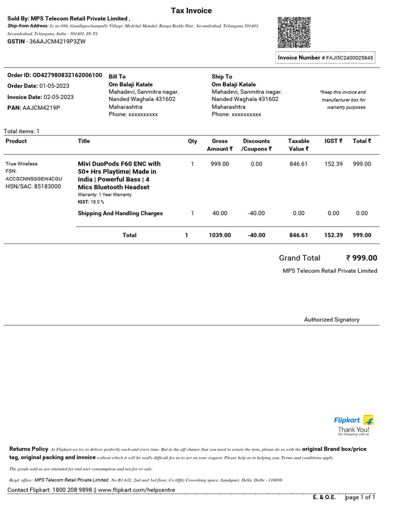 Invoice from MPS Telecom Retail | PDF | Taxes