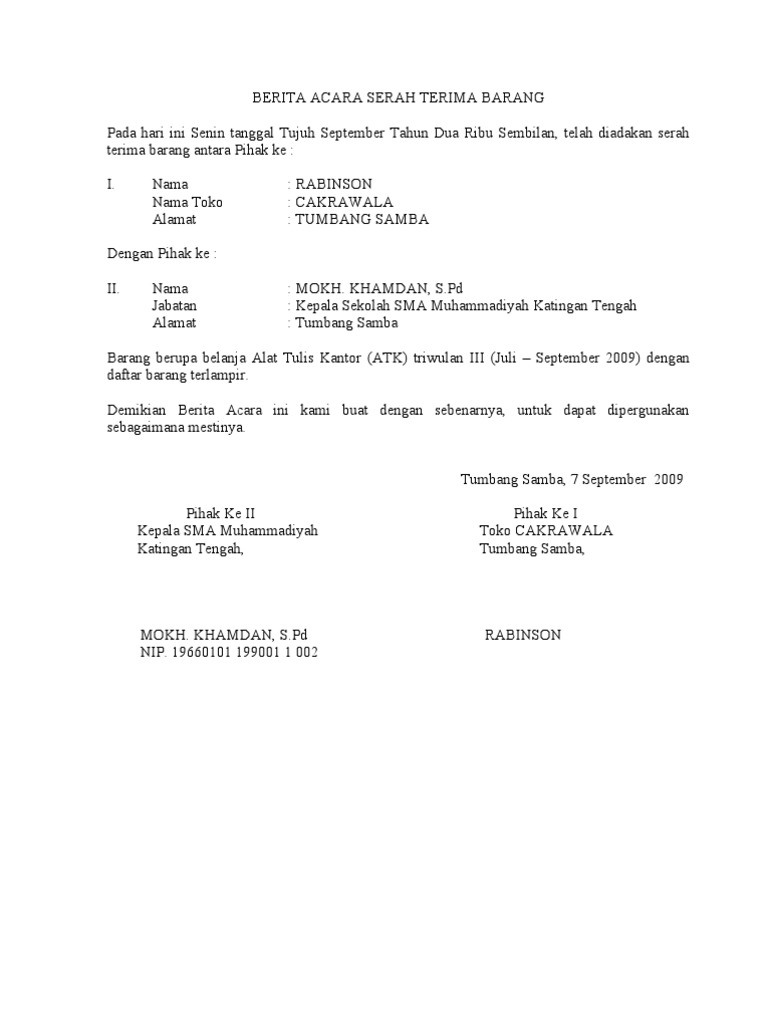 Berita Acara Serah Terima Barang Pdf