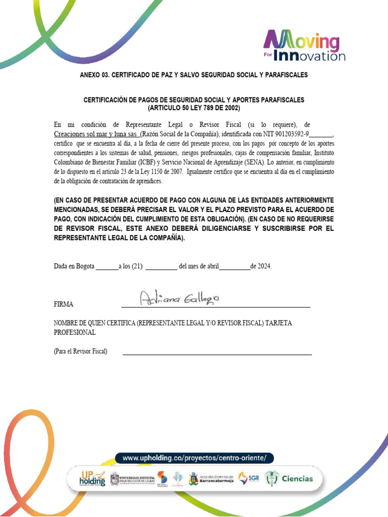 Anexo 03 Certificado de Paz y Salvo 1 | PDF