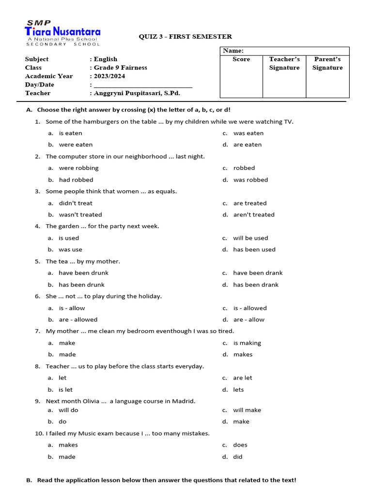 Quiz 3 English G9 | PDF | Language Arts & Discipline | Foreign Language ...