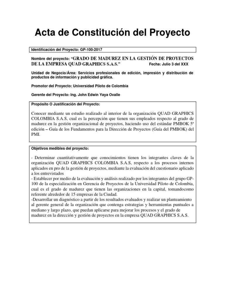 Ejemplo Acta Constitucion Del Proyecto | PDF | Colombia | Gestión de ...