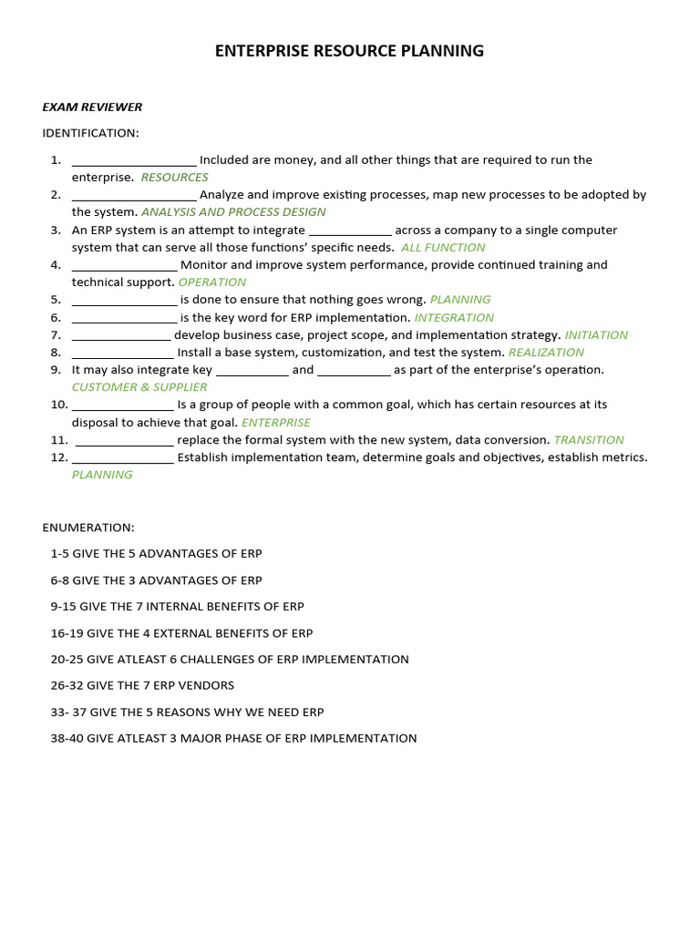 ERP Exam Review Guide | PDF | Enterprise Resource Planning | Management ...