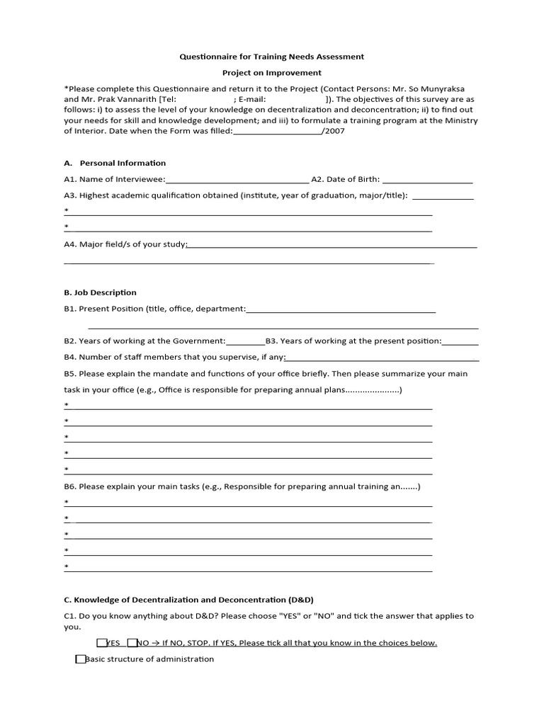 Questionnaire For Training Needs Assessment | PDF | Taxes