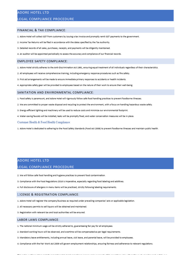 Adore Hotel Compliance Guide | PDF | Employment | Regulatory Compliance