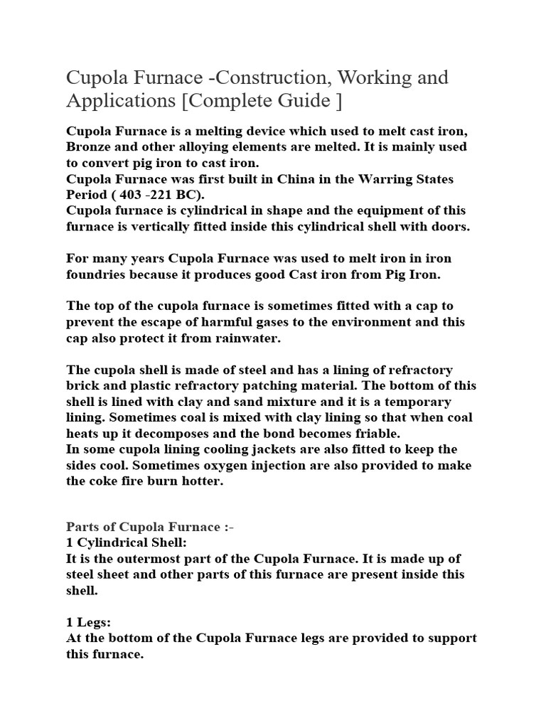 CUPOLA FURNACE PDF Iron Industrial Processes