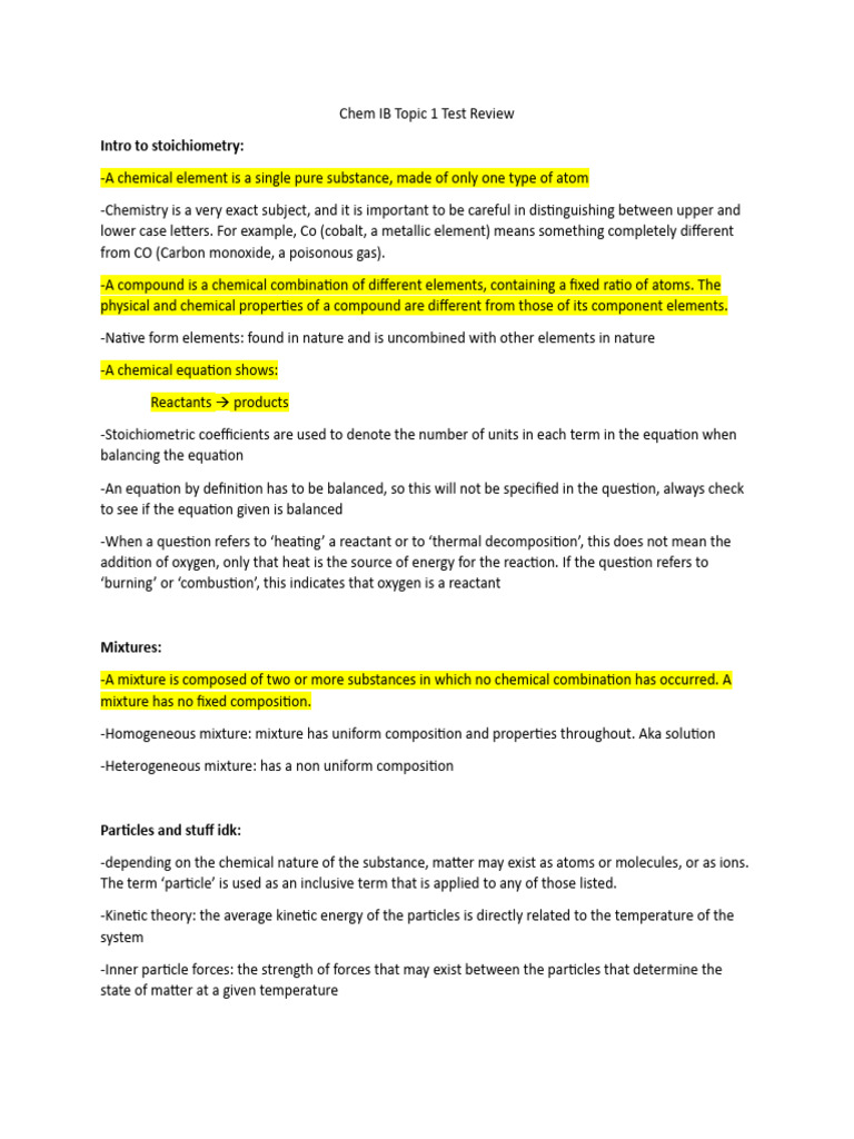 Chem IB Topic 1 Review Guide | PDF | Mole (Unit) | Gases