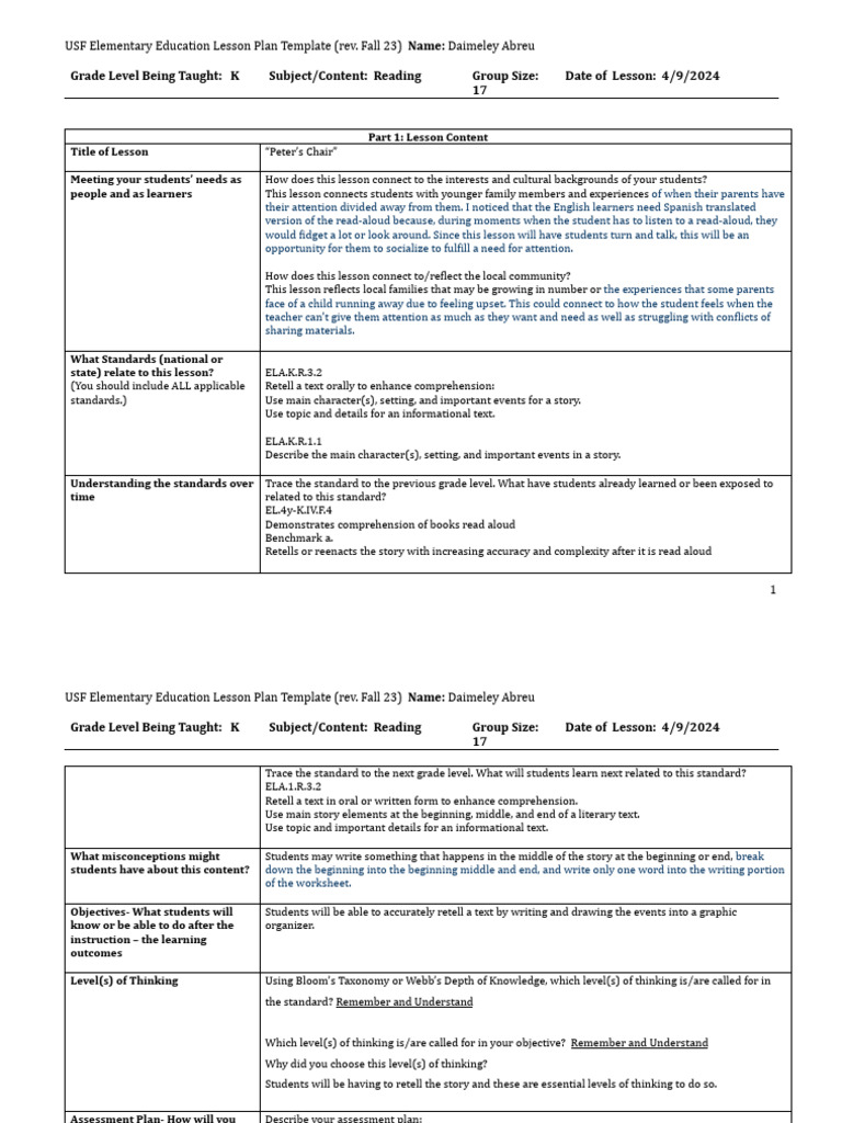Readaloud Peterschairlesson Plan | PDF | Reading Comprehension ...