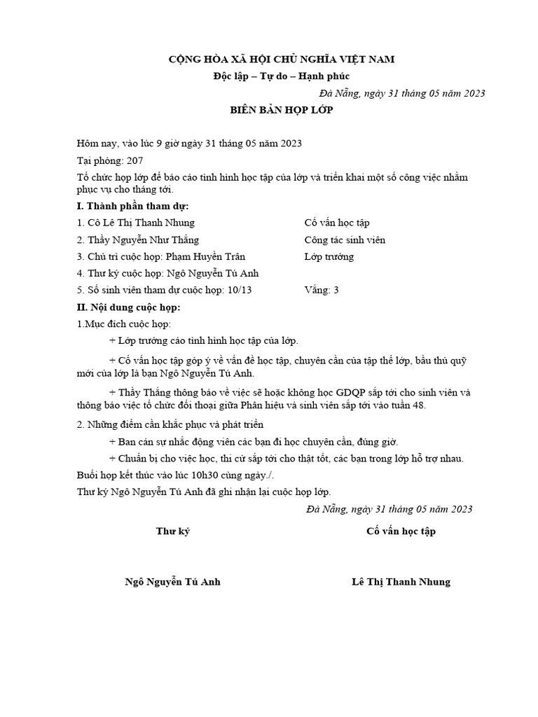 Biên bản họp lớp... | PDF