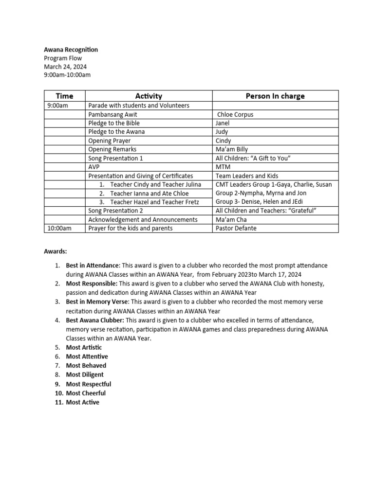 Awana Recognition Program Schedule 2024 | PDF