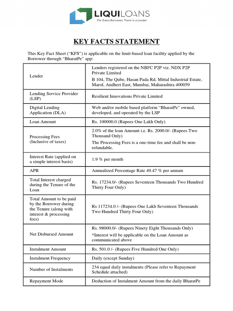 BharatPe Loan Key Facts Sheet | PDF | Loans | Interest