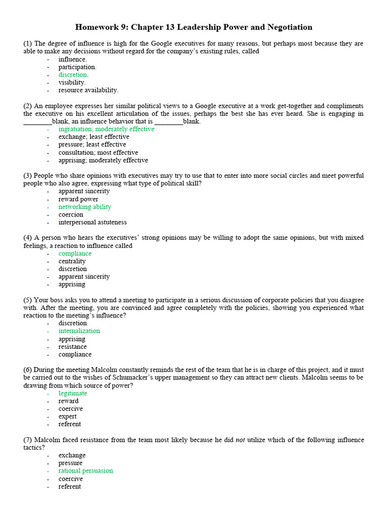 Homework 9 - Chapter 13 Leadership Power and Negotiation | PDF | Power ...