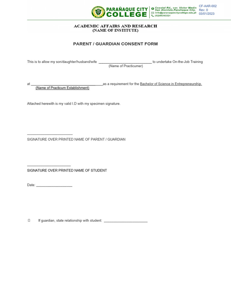 Parent Consent Form for On-the-Job Training | PDF