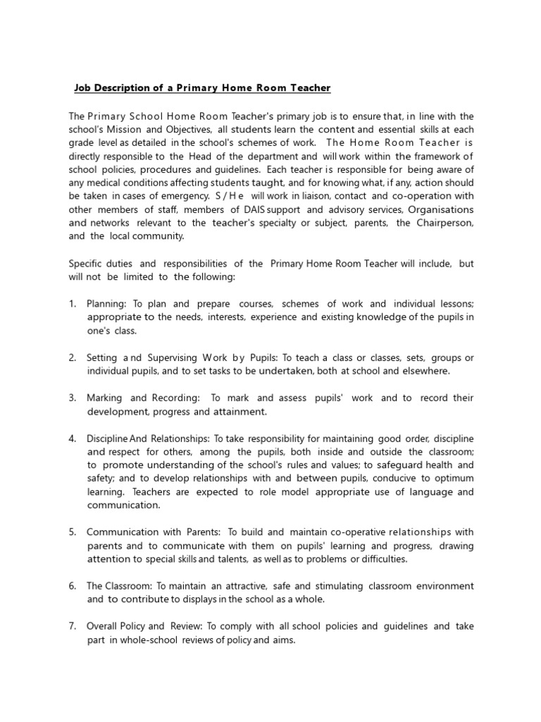 Primary Home Room Teacher Job Description | PDF | Teachers | Schools