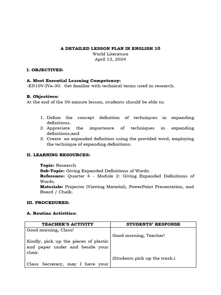 Giving expanded definitions of words detailed lesson plan pdf