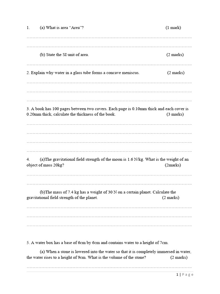 Form One Physics Exam | PDF | Weight | Pressure