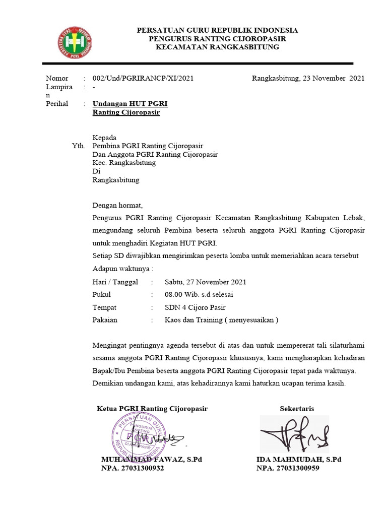 Undangan HUT PGRI Ranting Cijoropasir | PDF