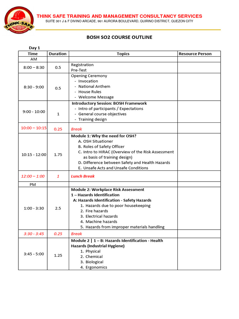 BOSH SO2 Course Overview and Schedule | PDF | Hazards | Risk Assessment