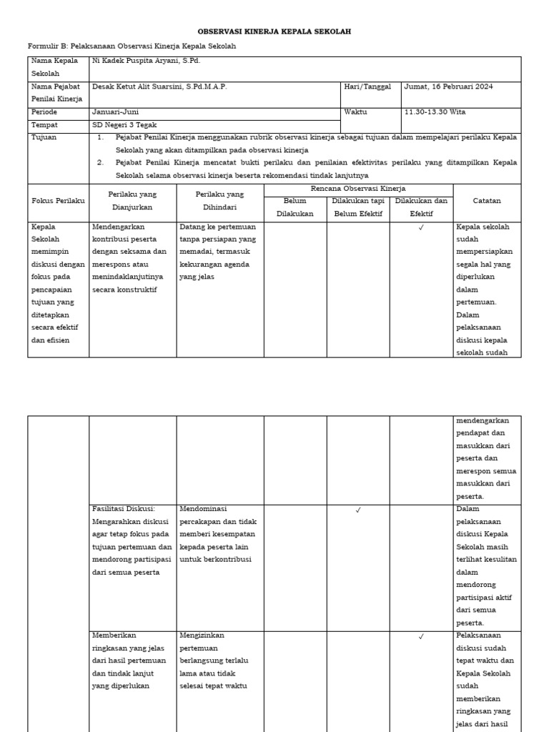 Format B Pelaksanaan Observasi Kinerja Kepala Sekolah Pdf