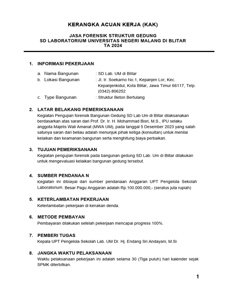 Kak Jasa Forensik Struktur Gedung SD Lab Um Blitar | PDF