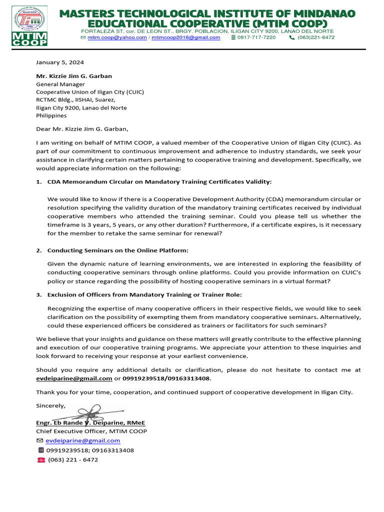 MTIM Coop Training Inquiry Letter | PDF | Career & Growth | Finance ...