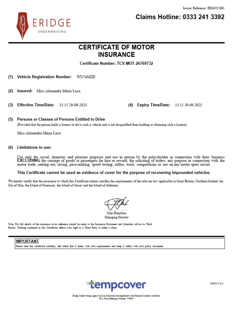 Certificate of Motor Insurance For Eridge Policy TCVMOT26769732 Download Free PDF