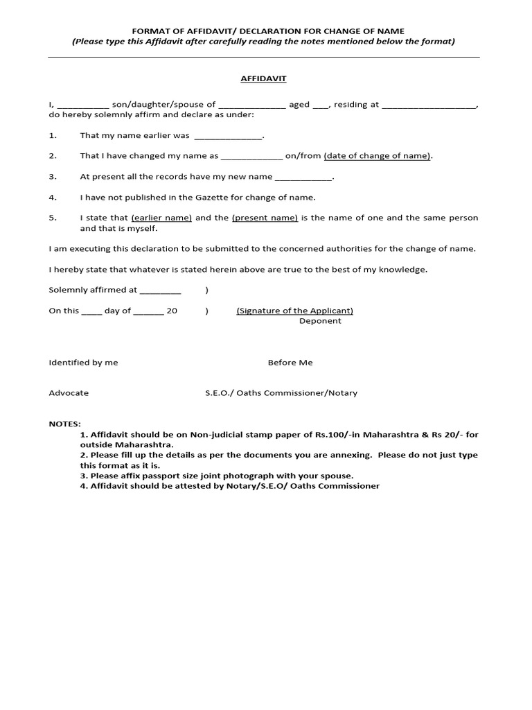 Name Change Affidavit Format Pdf Law