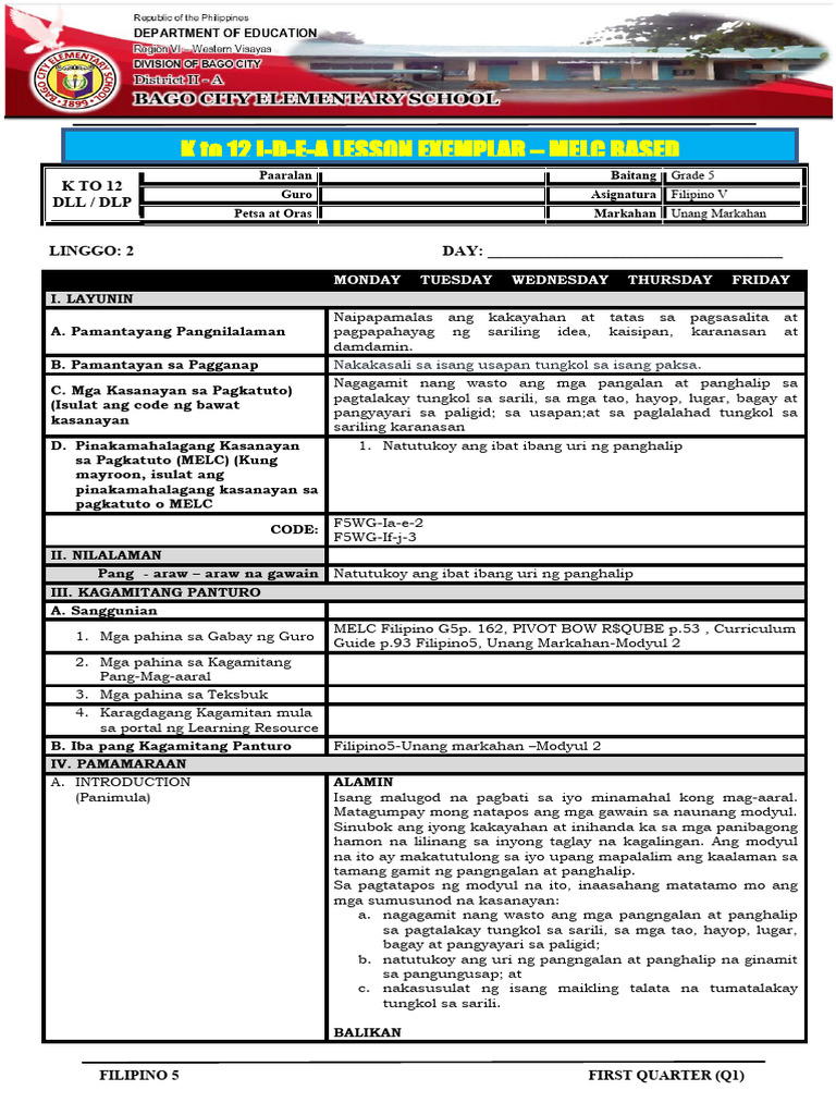 2 Idea Lesson Exemplar Filipino 5 - Q1 | PDF