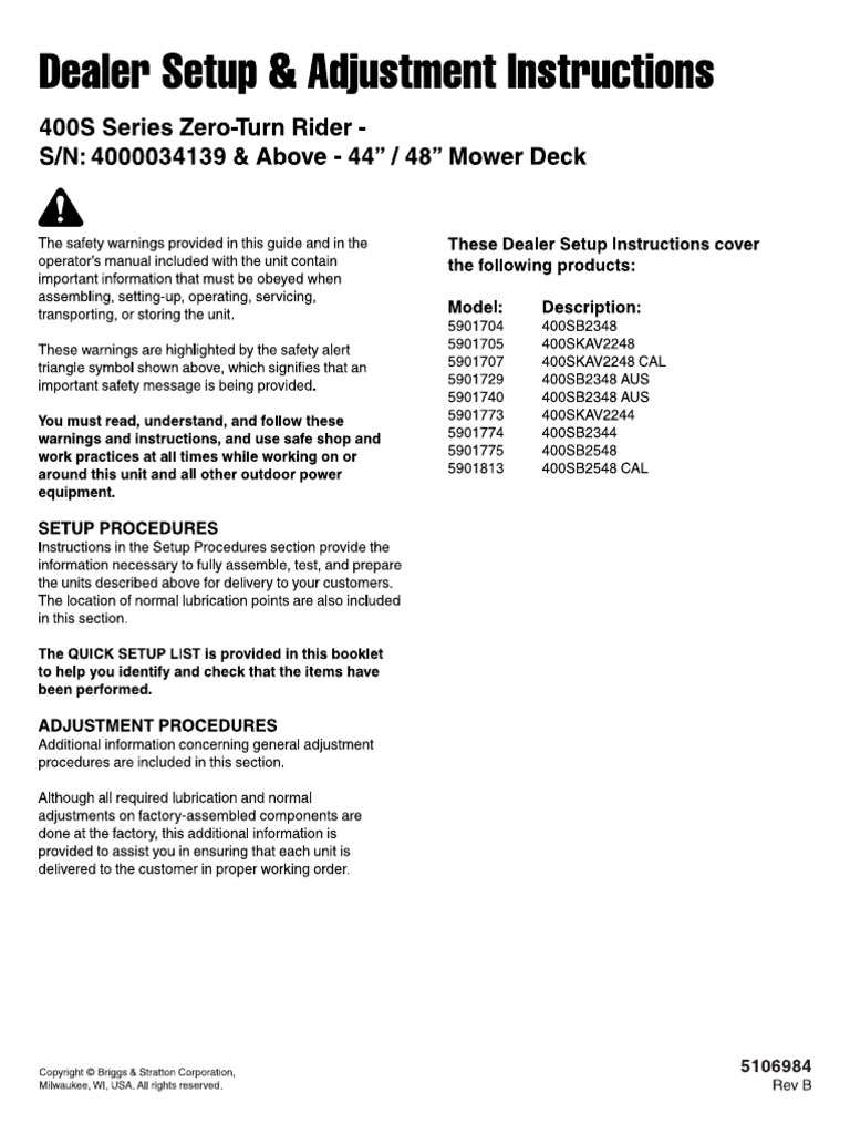 Ferris 400S Series Dealer Setup & Adjustment Instructions Manual | PDF ...