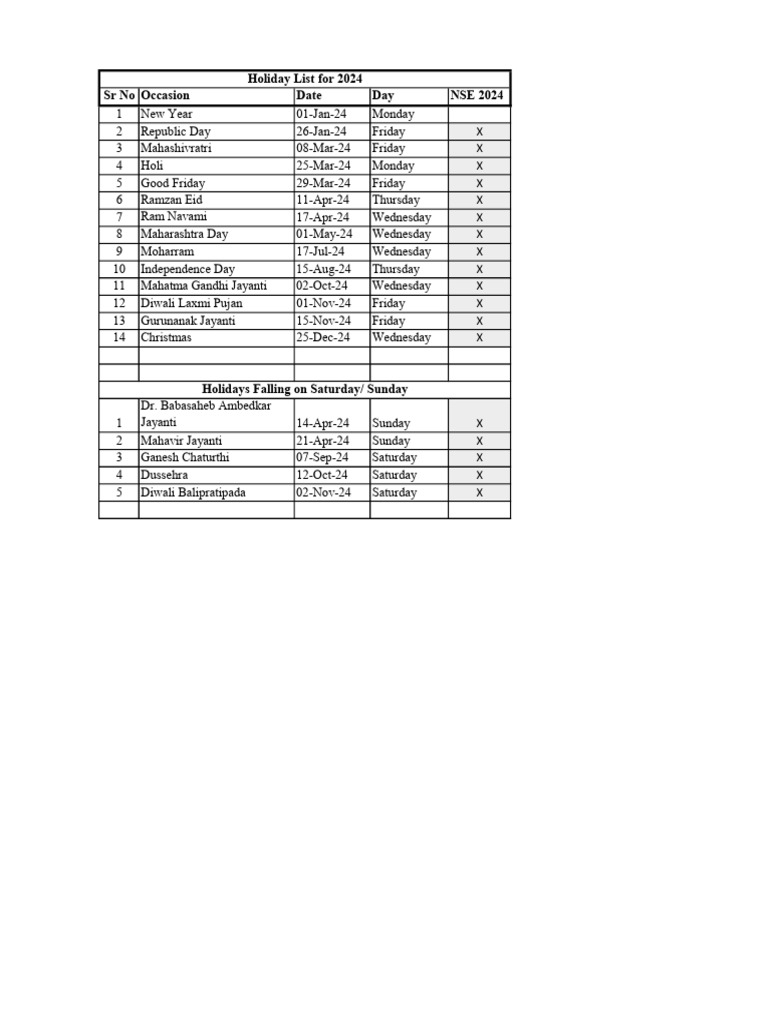 Holiday List 2024 PDF