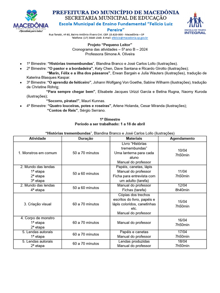 Projeto Pequenos Leitores Cronograma 1º Bimestre Simone Pdf