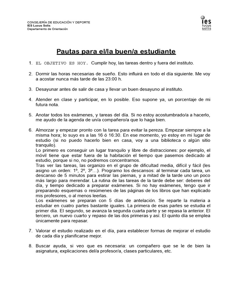 Pautas para El Buen Estudiante | PDF