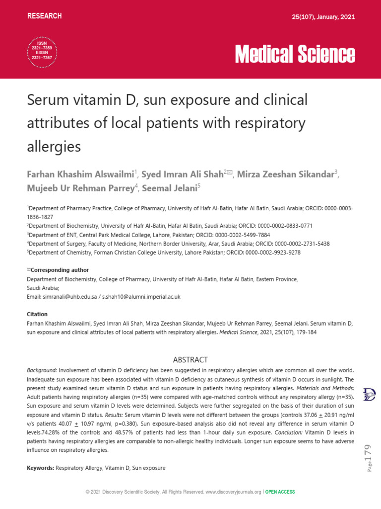 Serum Vitamin D, Sun Exposure and Clinical Attributes of Local Patients ...