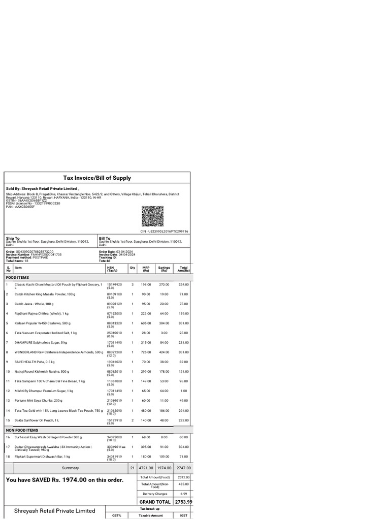 Detailed Invoice Summary for Orders | PDF | Wellness