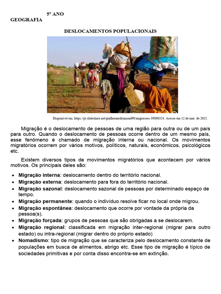 Dinâmica Populacional no 5º Ano | PDF | Migração humana | Sociedade