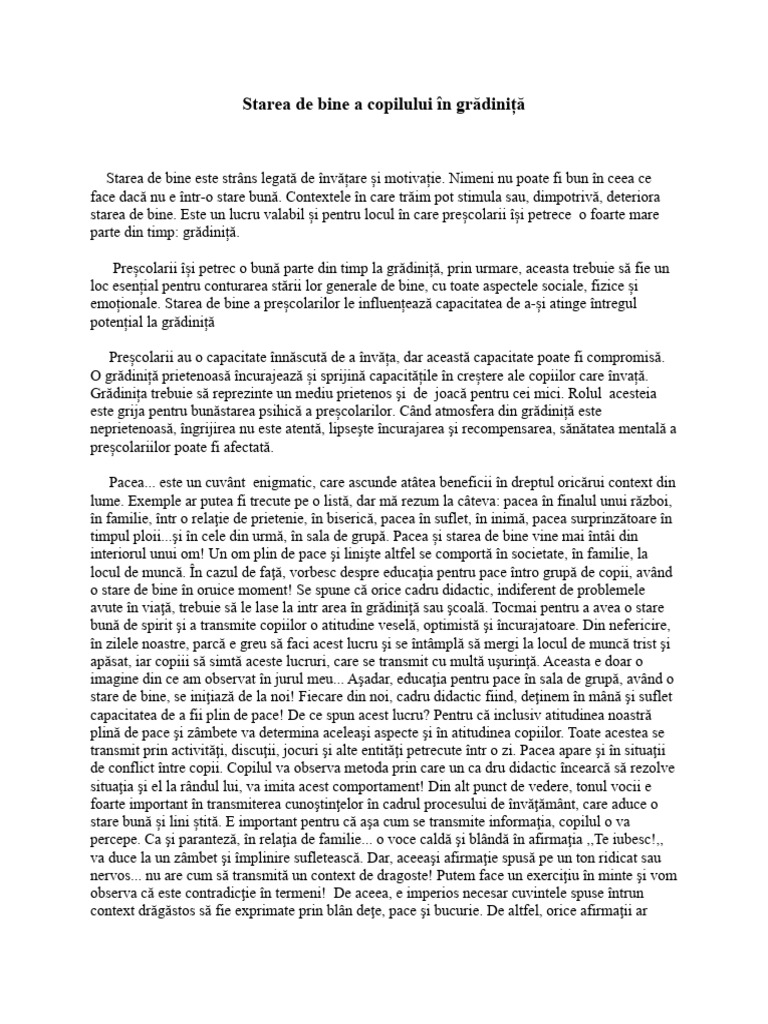 Starea de Bine A Copilului În Grădiniță | PDF