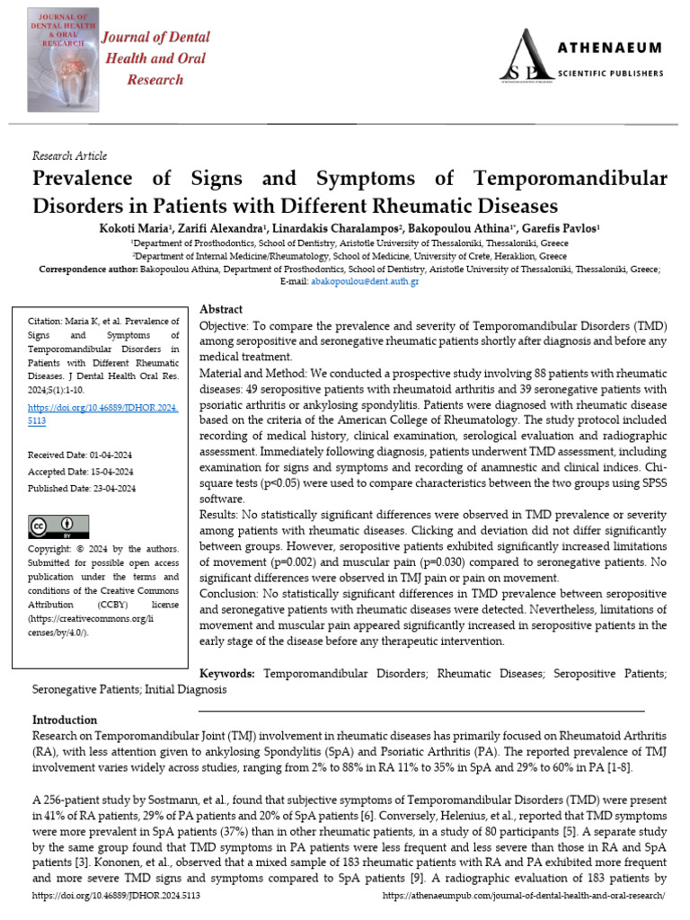 Prevalence of Signs and Symptoms of Temporomandibular Disorders in ...