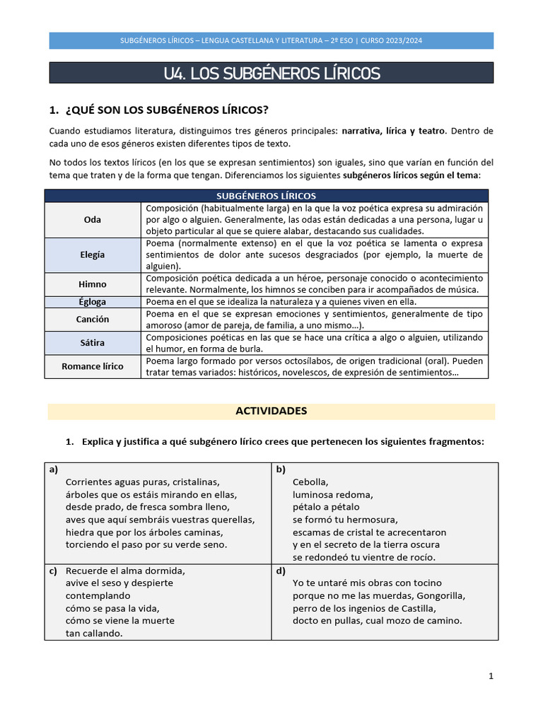 Subgéneros líricos en 2º ESO | PDF | Poesía