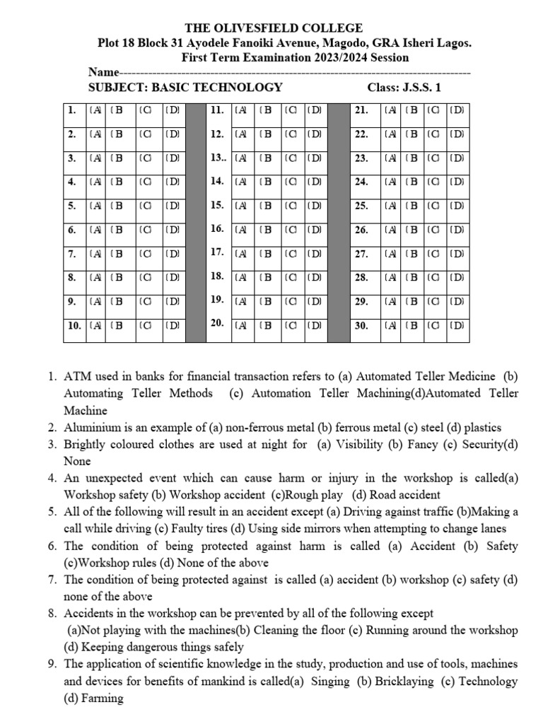 Btech Jss 1 First Term 2023-2024 | PDF | Metals | Hardwood