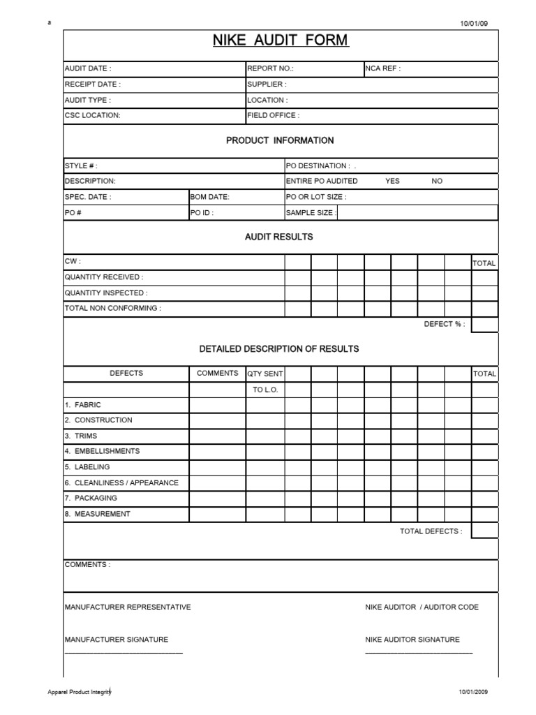 Nike Apparel Audit Checklist | PDF | Seam (Sewing) | Textiles