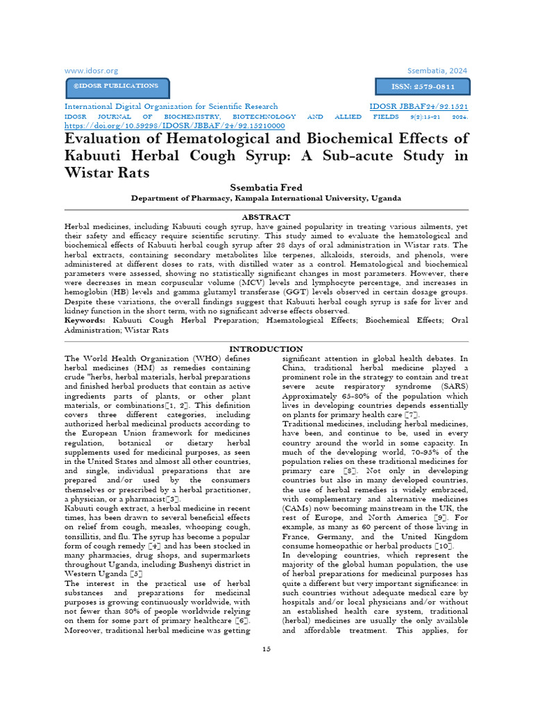 Evaluation of Hematological and Biochemical Effects of Kabuuti Herbal