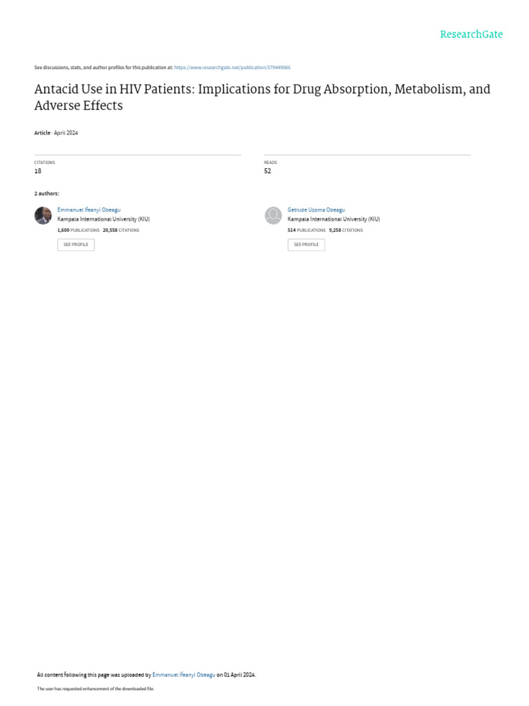 Antacid Use in HIV Patients Implications For Drug Absorption, Metabolism, and Adverse Effects