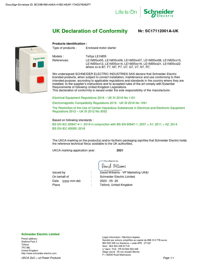 UKCA Declaration for TeSys LE1M35 Products | PDF