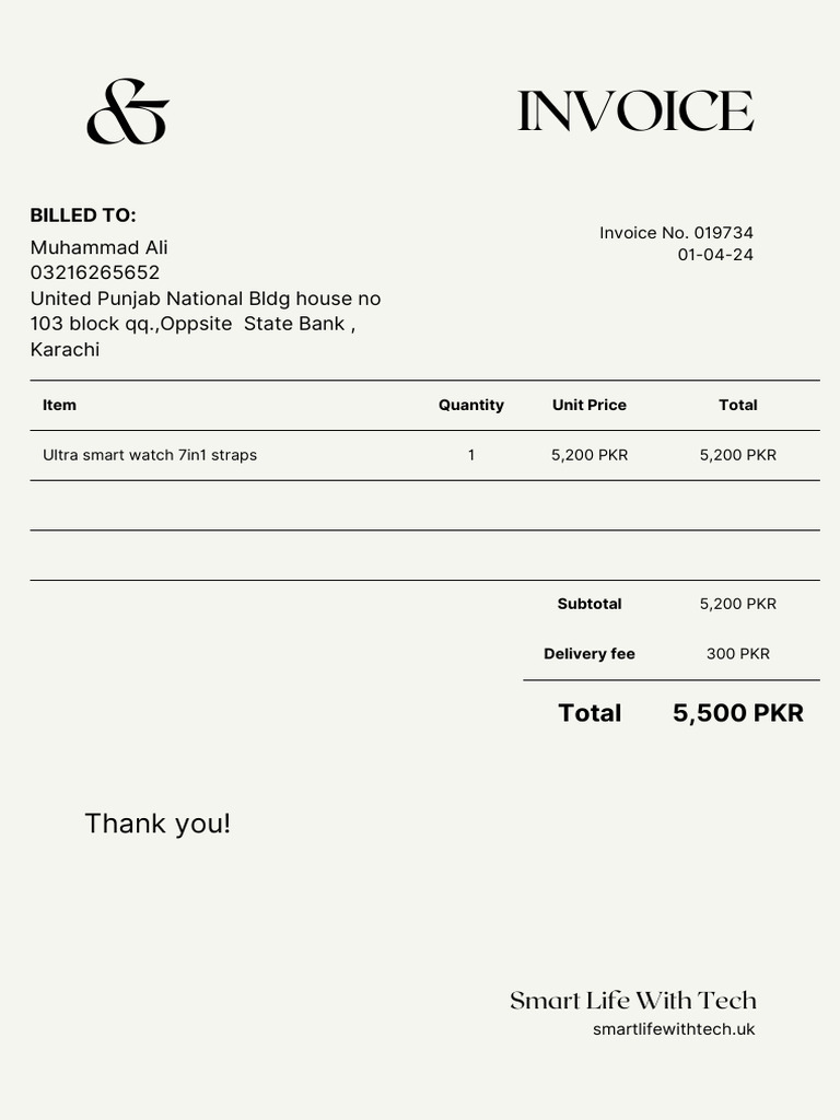 Invoice for Ultra Smart Watch Purchase | PDF